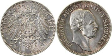 Duitsland 2 Mark Sachsen 1911 E prfr/stgl minimal beriebe..., Verzenden, België