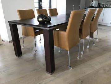 Set van 6 leren eetkamerstoelen met wieltjes en armleuning, Huis en Inrichting, Stoelen, Ophalen of Verzenden, Nieuw, Eén