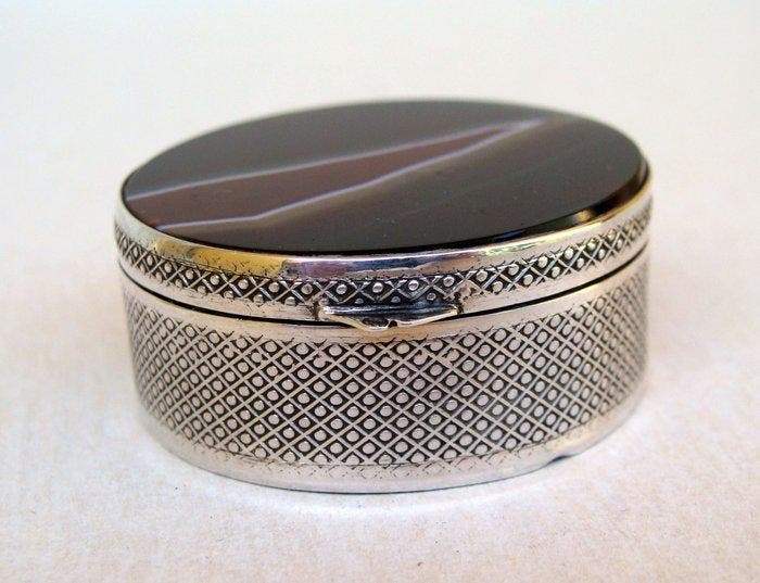 French Silver & Banded Agate - Doos - Charançon Import Mark,, Antiek en Kunst, Antiek | Zilver en Goud