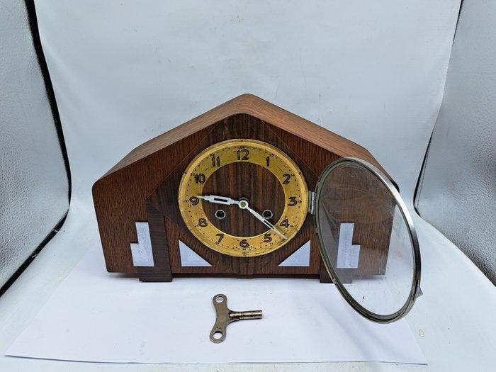 Amsterdamse School klok - Art Deco Hout, Glas, Messing -, Antiquités & Art, Antiquités | Horloges