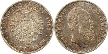 Duitsland 2 Mark Karl Koenig Wuerttemberg 1883 F f prfr/f..., Verzenden, België