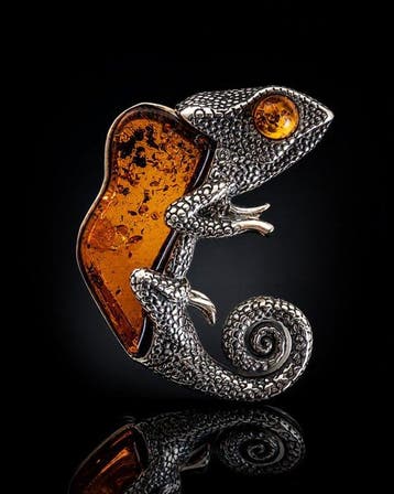 Unieke CHAMELEON BLUE BALTIC AMBER hanger - Sterling Zilver