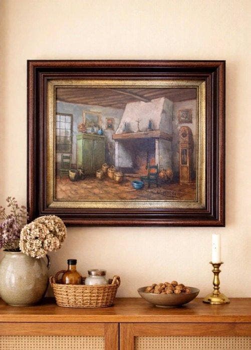 V. Moesen (XX) - Rustic Flemish interior scene, Antiquités & Art, Art | Peinture | Classique