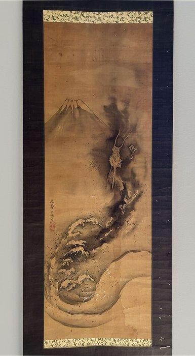 Japanse kunst kakejiku kakemono - wandscroll - Draak die, Antiquités & Art, Antiquités | Autres Antiquités