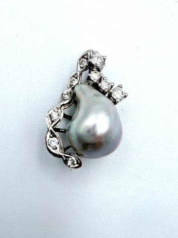 Pendentif - 14 carats Or blanc - 0.18ct. tw. Perle - Diamant
