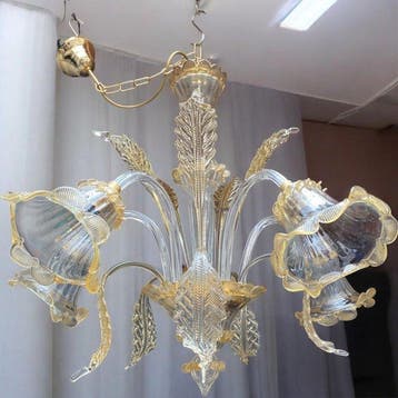 Lustre - en verre artistique de Murano, 5 lumières avec or, Antiquités & Art