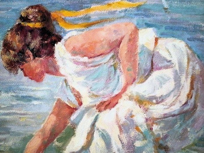Esc. Española S.XX Firmado Massa - Joven Cogiendo Conchas en, Antiquités & Art, Art | Peinture | Classique