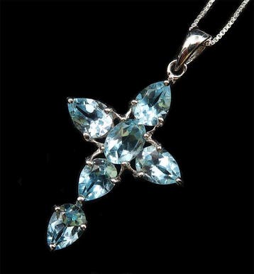 Topaas - Zilver, Halsketting met Hoogmagisch Kruis in Blauwe