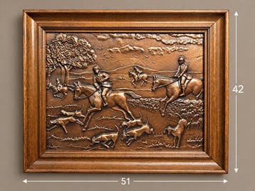 Paneel - Koper, Hout - Koperen jachttafereel, Antiek en Kunst