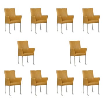 Set van 10 Leren eetkamerstoelen Comfort met wieltjes en, Ophalen of Verzenden