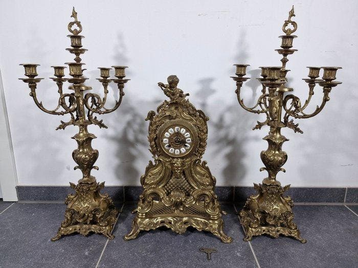 Klok en garnituur set - Messing - 1950-1960, Antiek en Kunst, Antiek | Klokken