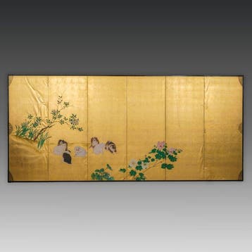Vouwscherm met pupjes tussen bloemen - Papier, gelakt hout,