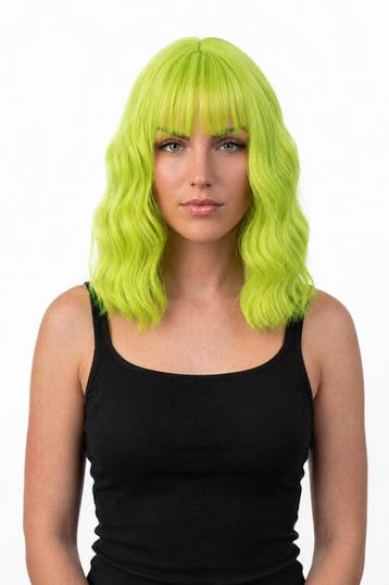 KIMU® Luxe Limegroen Pruik Schouderlengte Rechte Pony Krulle, Ophalen of Verzenden, Nieuw