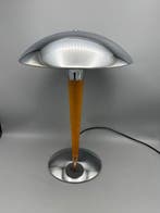 chroom en houten paddenstoel lamp - Tafellamp - Metaal, Hout, Antiek en Kunst
