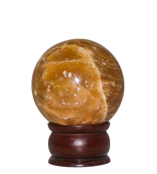 KAMR GEM honing calciet bol 80 mm gepolijst gouden amber, Verzamelen, Mineralen en Fossielen