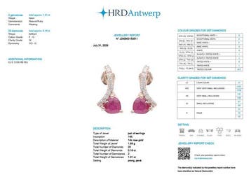 Oorstekers - 14 karaat Roségoud - 1.19ct. tw. Robijn -