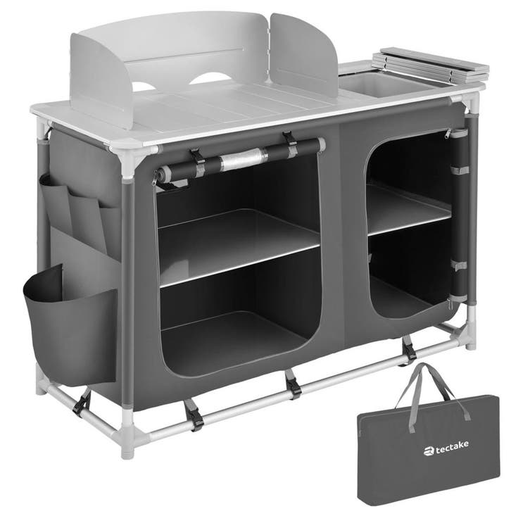 tectake Aluminium kampeerkeuken 116 x 52 x 107 cm - grijs, Caravanes & Camping, Accessoires de camping, Envoi