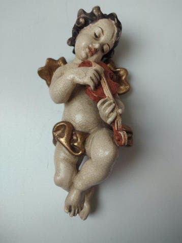 Snijwerk, Holzfigur - farbiger Engel Cherub mit Geige -