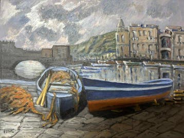 Italiaanse school (XX) - Marina con barche in rada, Antiek en Kunst