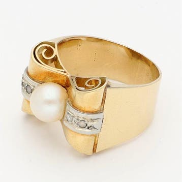 Ring - 14 karaat Geel goud, Witgoud Parel -, Nieuw