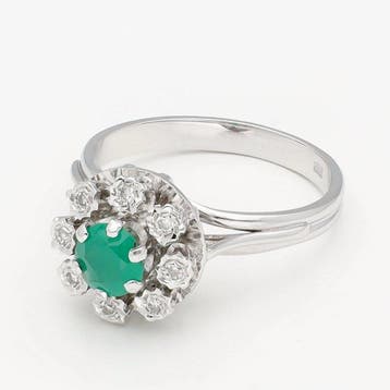 Ring - 18 karaat Witgoud - Diamant - Smaragd, Nieuw