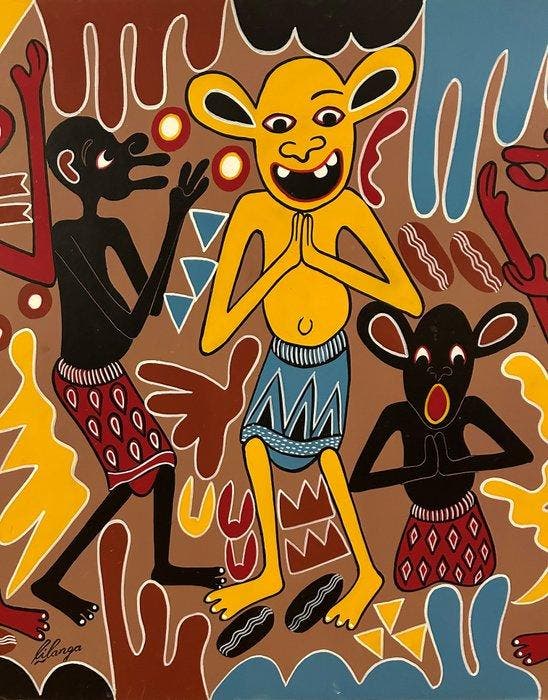 George Lilanga (1934-2005) - Kilamtu aombe mvua kwadini yake, Antiek en Kunst, Kunst | Schilderijen | Modern