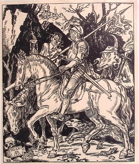 Parodie van de Ridder, Dood en Duivel op spotprent (Lithos), Antiek en Kunst, Kunst | Litho's en Zeefdrukken, Verzenden