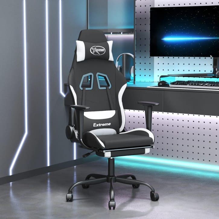 vidaXL Massage gamestoel met voetensteun stof zwart en wit, Maison & Meubles, Chaises, Envoi