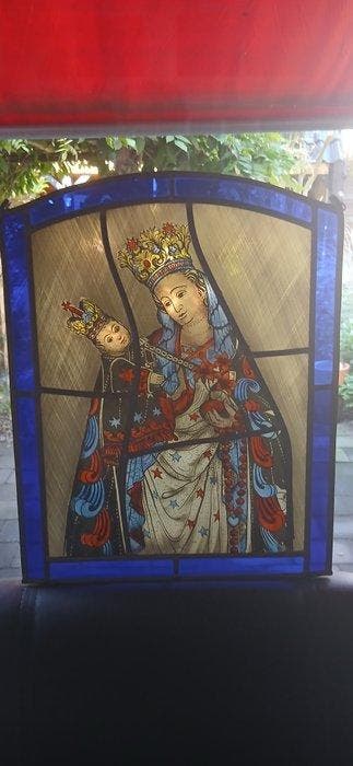 Glas-in-loodraam - 1950-1960 - Maria met kind - 34 x 43 cm