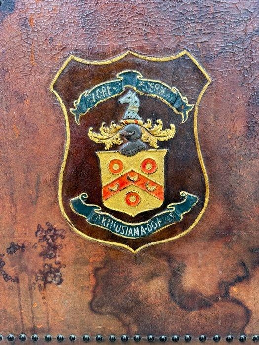 Openhaard accessoire - Hout, Leder - heraldiek haardscherm, Antiquités & Art, Antiquités | Autres Antiquités