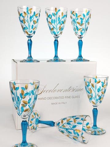 Secoloventesimo - Kelk (6) - Leaves turquoise golden chalice, Antiek en Kunst