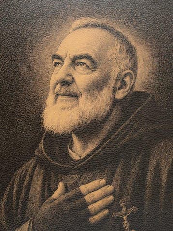 Padre Pio – Geloof en Gebed / Afdruk op leer 84,00 x 68,00