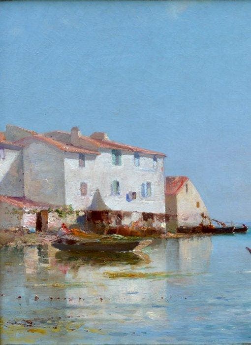 André Maglione (1838-1923) - Barques de pêcheurs à Martigues, Antiquités & Art, Art | Peinture | Classique