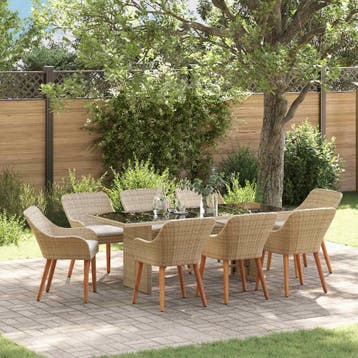 vidaXL Tuin Eettafel Set 9 st Beige poly rattan, Verzenden, Nieuw