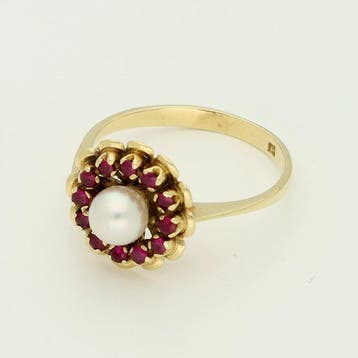 Ring - 14 karaat Geel goud - Robijn. Parel., Nieuw