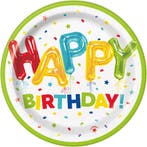 Gekleurde Happy Birthday Borden 18cm 8st, Verzenden, Nieuw