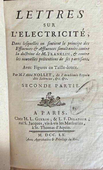 Abbé Nollet - Lettres sur l’électricité — 2 volumes -