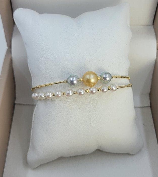 Armband - 18 karaat Geel goud - 4×8,5 mm Akoya parels, Handtassen en Accessoires, Armbanden
