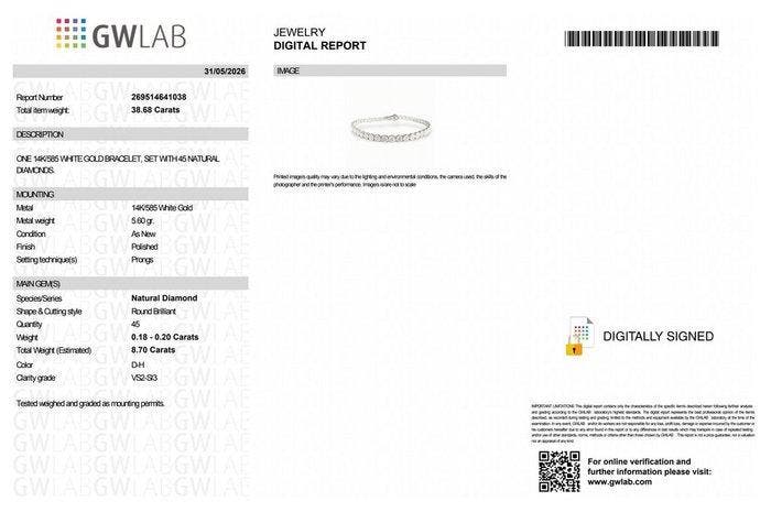 Zonder minimumprijs - Armband - 14 karaat Witgoud - 8.70ct., Bijoux, Sacs & Beauté, Bracelets