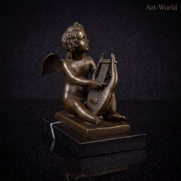 Statue, Sculpuur van Putto die lier speelt - 12 cm - Bronze,