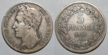 Belgique Belgie Km 3,2 5 Francs 1848 Leopold 1 Kopf mit L..., Verzenden, België