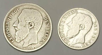 België. Léopold II / Albert I. 2 Francs 1867 / 1 Franc 1887., Postzegels en Munten