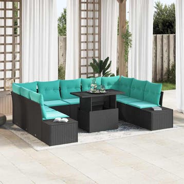 vidaXL Tuinbank Set 10 st Zwart en Blauw poly rattan, Tuin en Terras, Verzenden, Nieuw