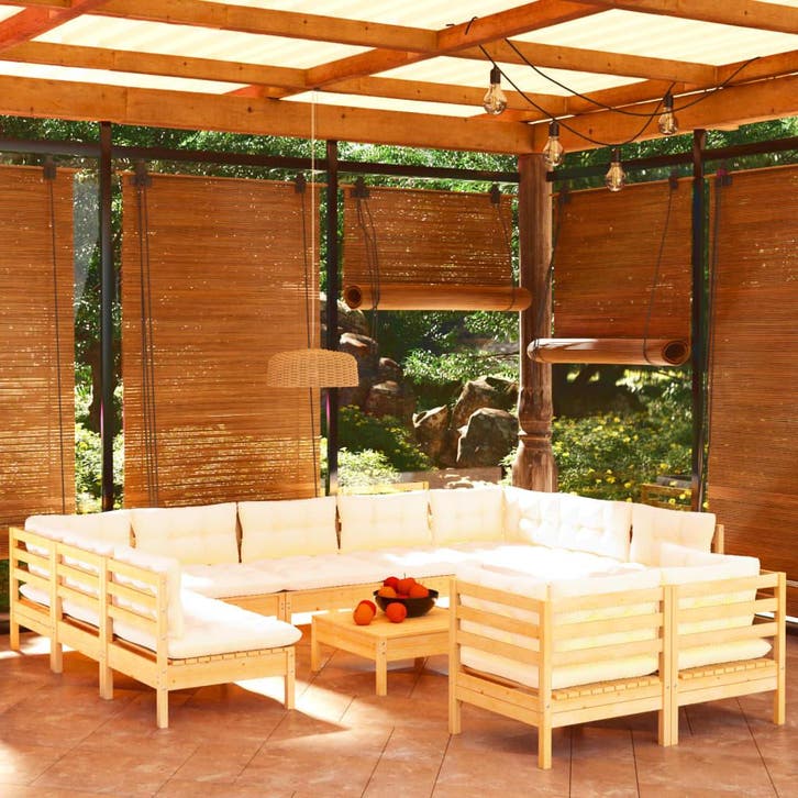 vidaXL 12-delige Loungeset met crèmekleurige kussens, Tuin en Terras, Tuinsets en Loungesets, Loungeset, Nieuw, Verzenden