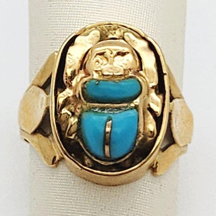 Bague - 18 carats Or jaune - 1.00ct. tw. Turquoise, Handtassen en Accessoires, Ringen