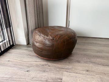 Poef - Leder - Leren patchwork pouf, Antiek en Kunst