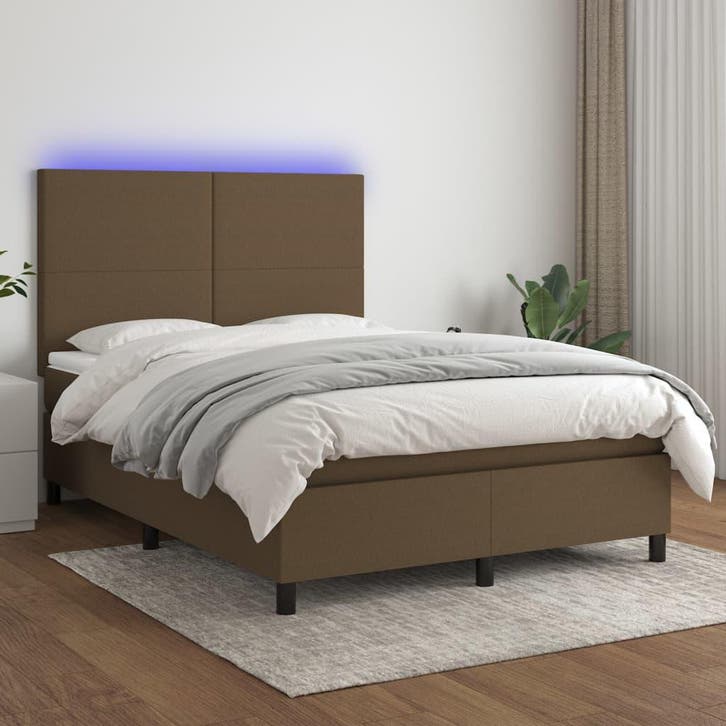 vidaXL Boxspring met matras en LED stof donkerbruin 140x200, Maison & Meubles, Chambre à coucher | Lits, Envoi