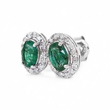 Oorbellen - 14 karaat Witgoud, Zambia - 1.20ct. tw. Smaragd, Nieuw