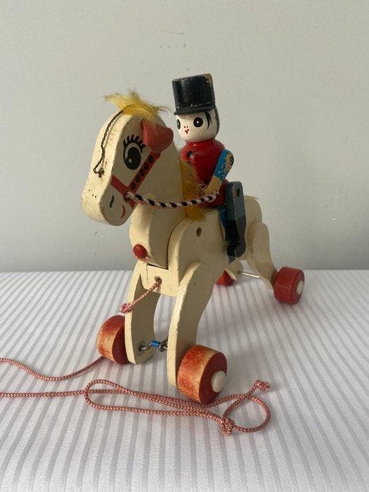 Onbekend - Speelgoed Vintage houten trekpaard met ruiter -, Antiquités & Art, Antiquités | Jouets
