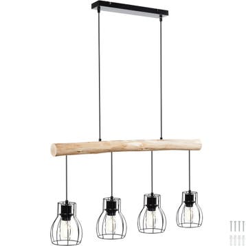tectake Hanglamp Woody, 4-lichts, met houten balk, 40 W - zw, Verzenden, Nieuw